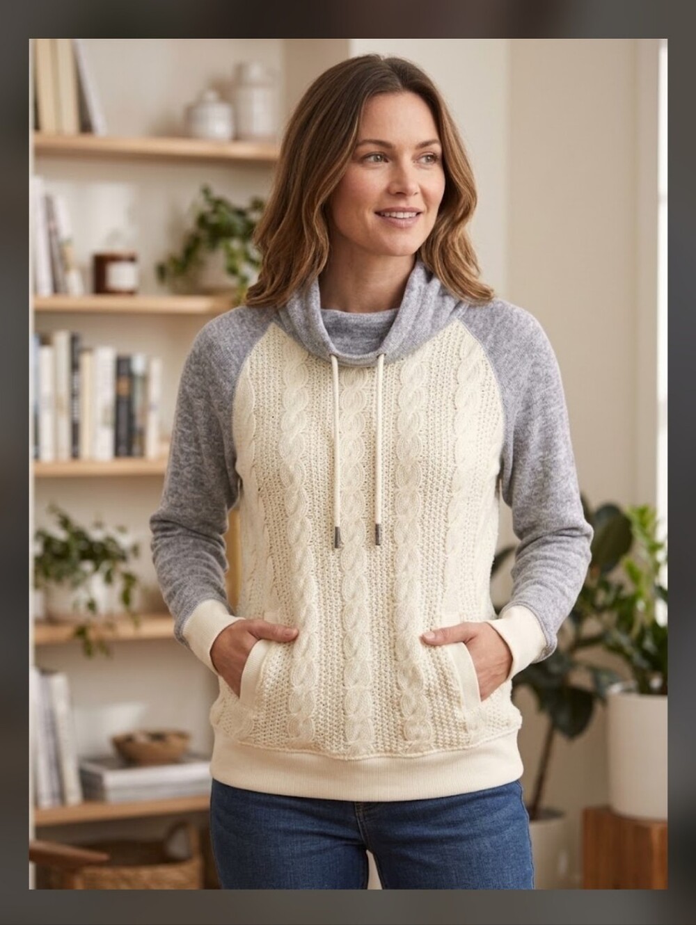 Reitmans Two-Tone Cable Cowl-Neck Sweater in Cream & Gray
